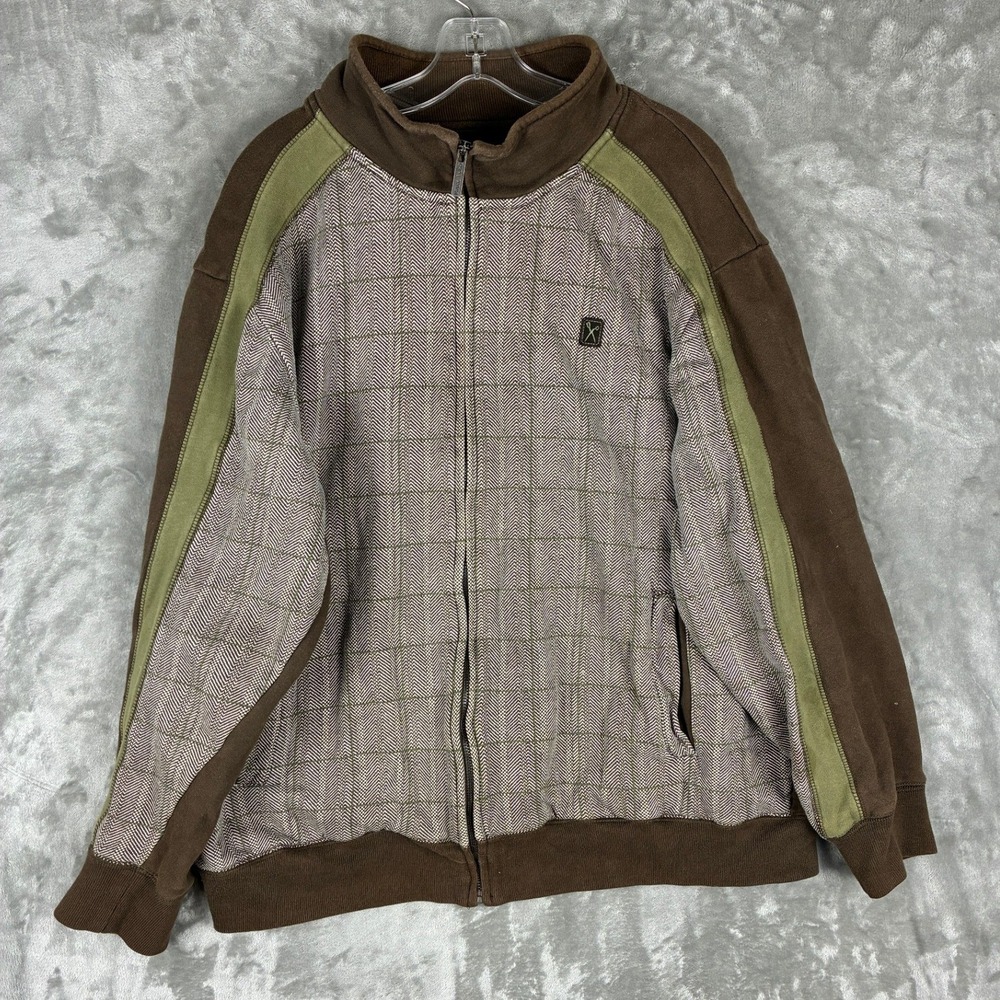 Marc Ecko Mens‎ XL Full Zip Jacket Brown Herringbone Plaid Cotton Track Sweater